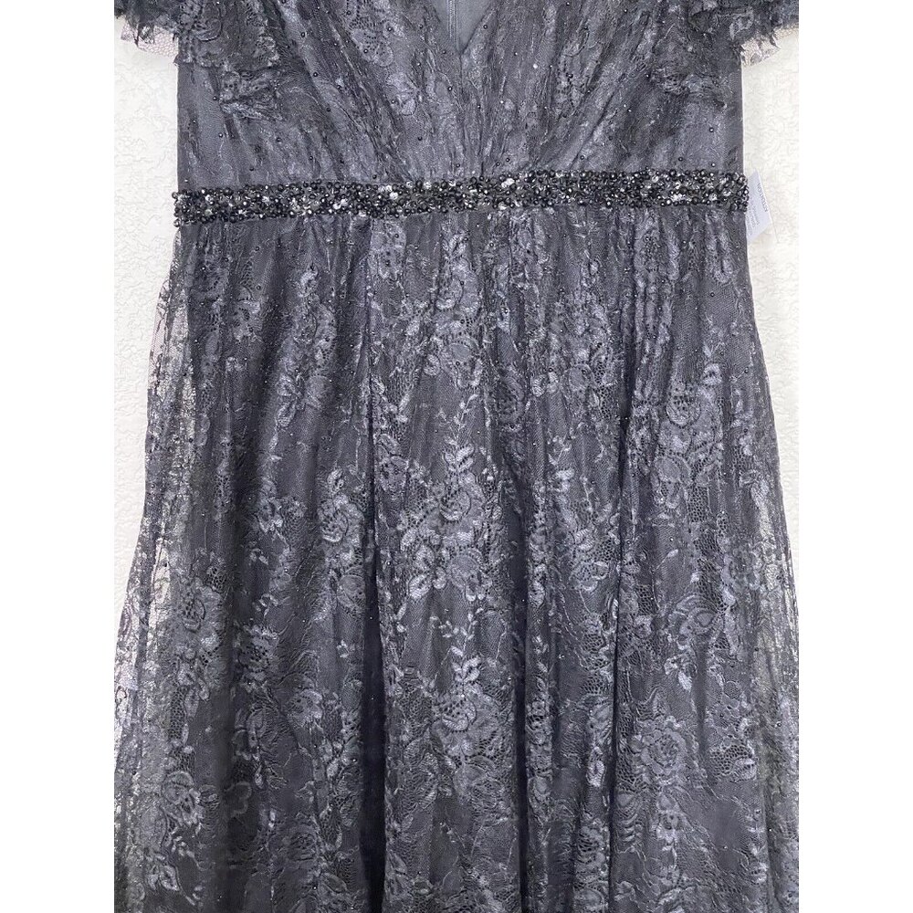Mac Duggal Lace V-Neck Beaded Tea Length‎ Midi Cocktail Dress Black Size 14W - Picture 11 of 15